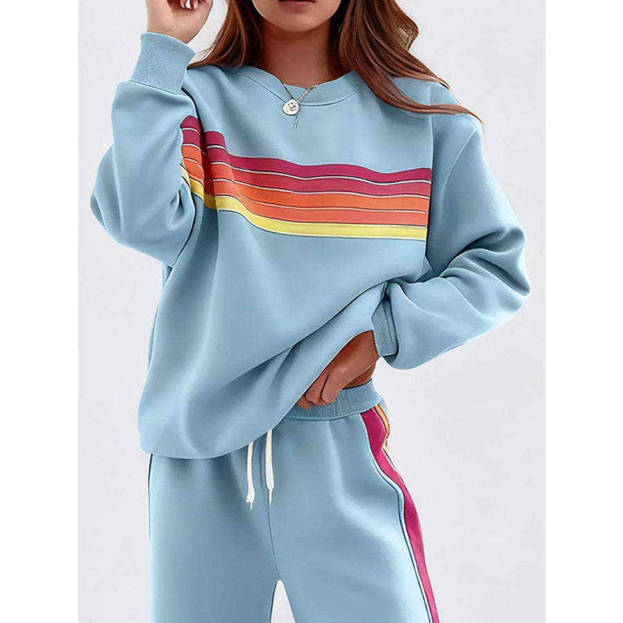 Striped Round Neck Sweatshirt and Pants Set Apparel and Accessories