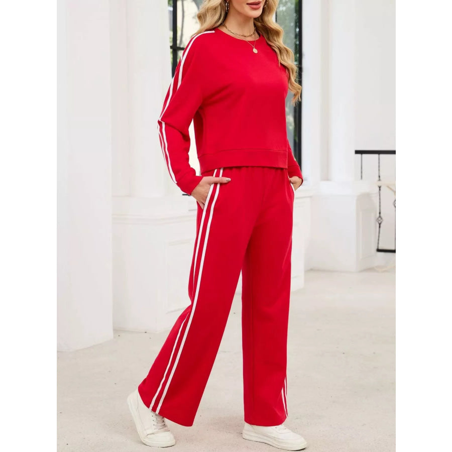 Striped Round Neck Sweatshirt and Pants Set Apparel and Accessories