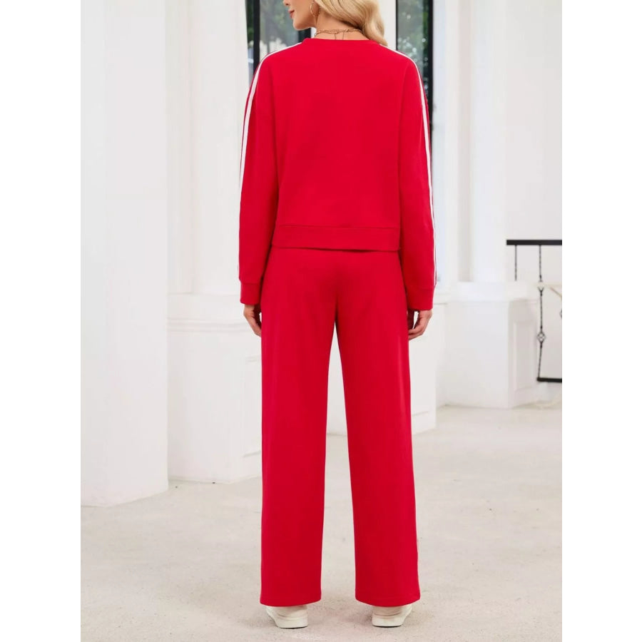Striped Round Neck Sweatshirt and Pants Set Apparel and Accessories