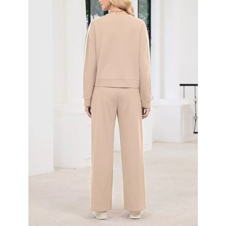 Striped Round Neck Sweatshirt and Pants Set Apparel and Accessories