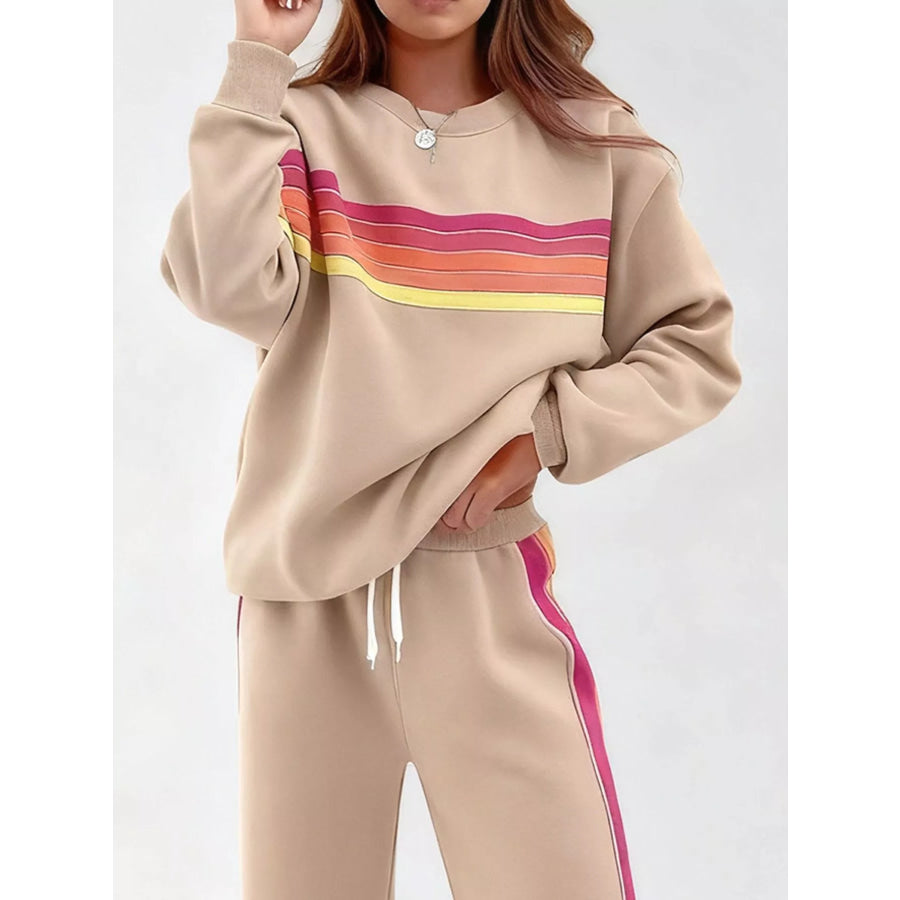 Striped Round Neck Sweatshirt and Pants Set Apparel and Accessories