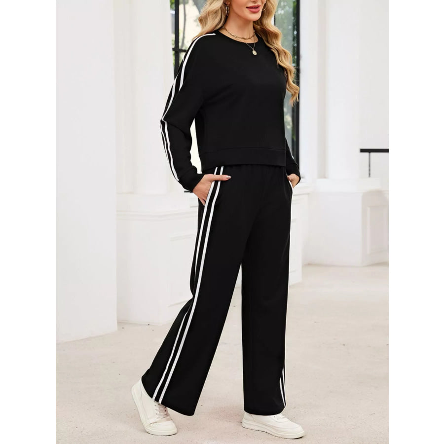 Striped Round Neck Sweatshirt and Pants Set Apparel and Accessories