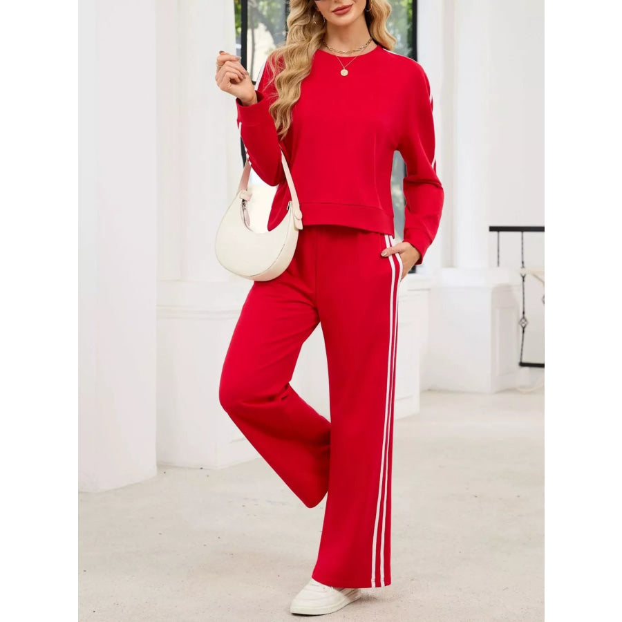 Striped Round Neck Sweatshirt and Pants Set Apparel and Accessories