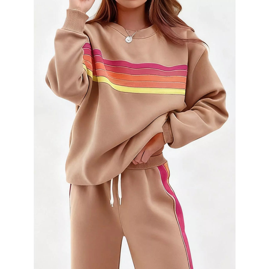 Striped Round Neck Sweatshirt and Pants Set Apparel and Accessories