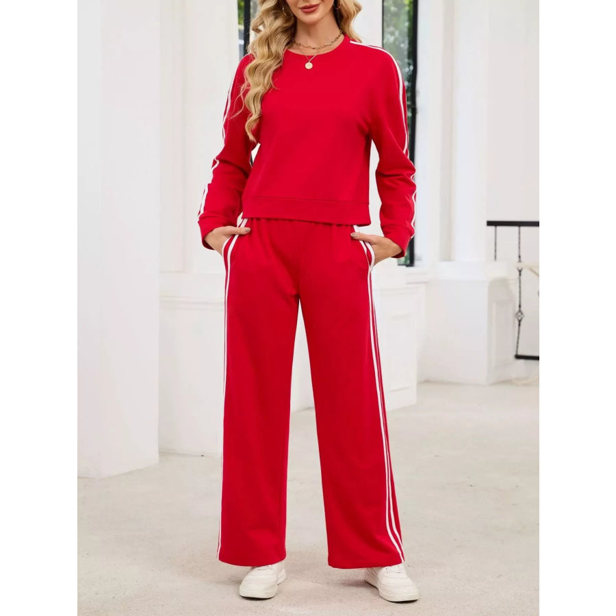 Striped Round Neck Sweatshirt and Pants Set Apparel and Accessories