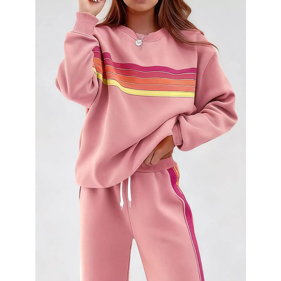 Striped Round Neck Sweatshirt and Pants Set Apparel and Accessories