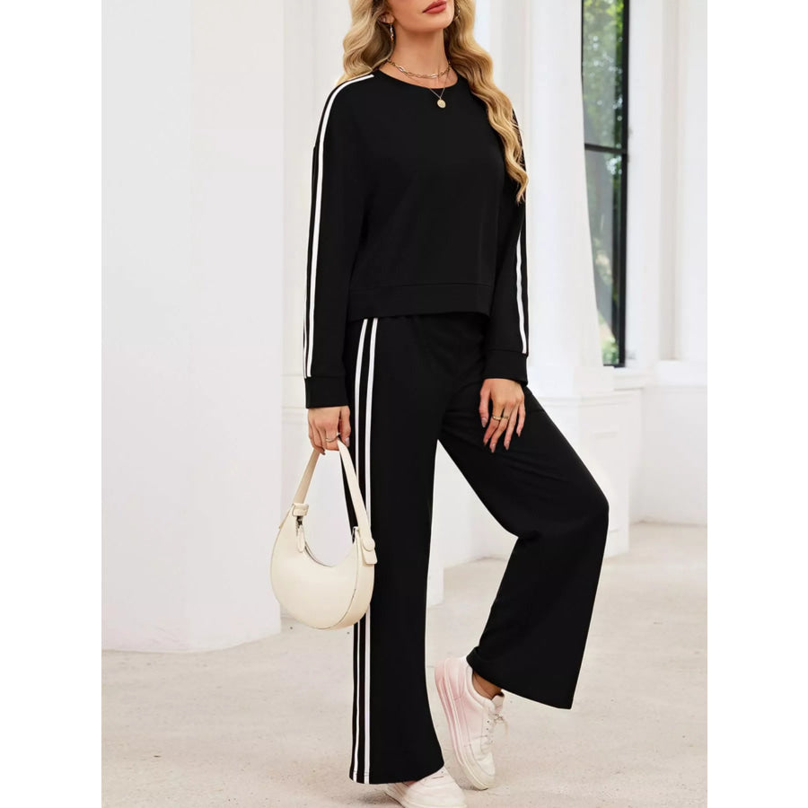Striped Round Neck Sweatshirt and Pants Set Apparel and Accessories