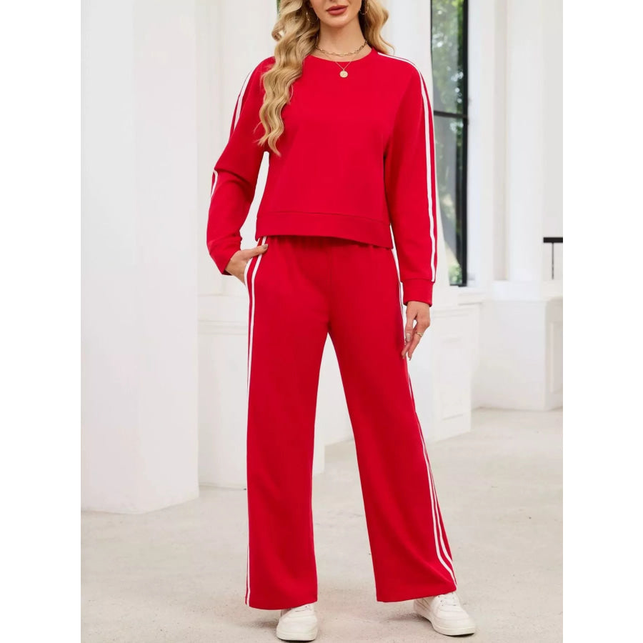 Striped Round Neck Sweatshirt and Pants Set Apparel and Accessories