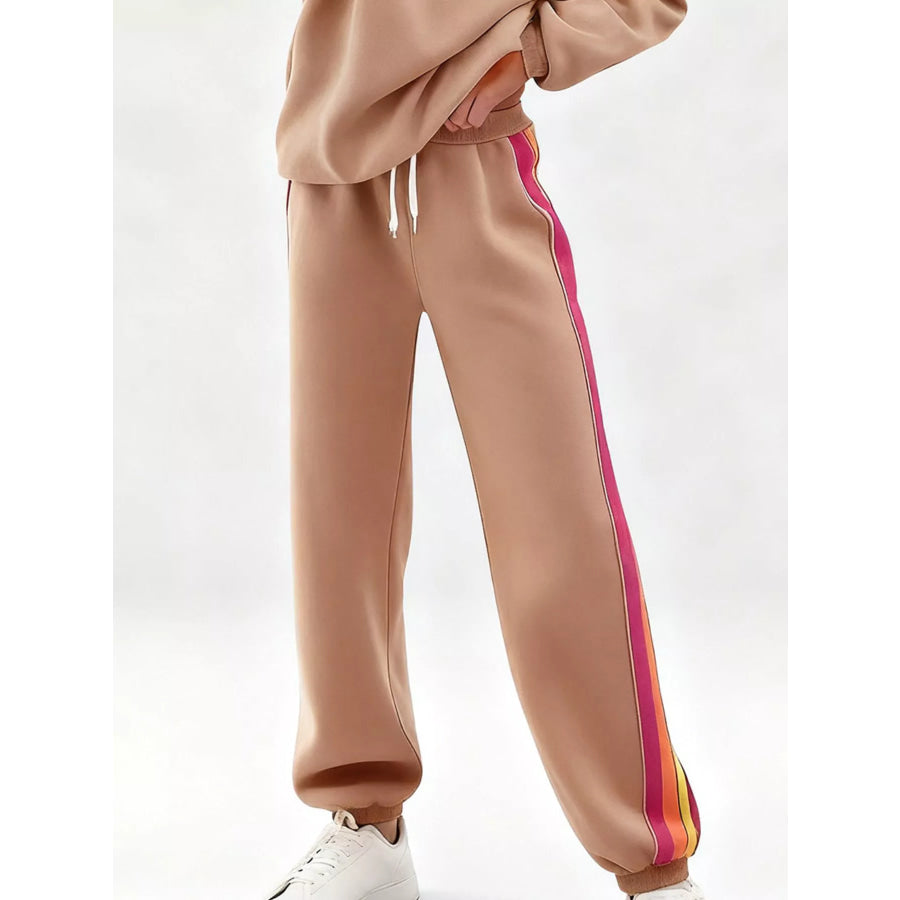 Striped Round Neck Sweatshirt and Pants Set Apparel and Accessories