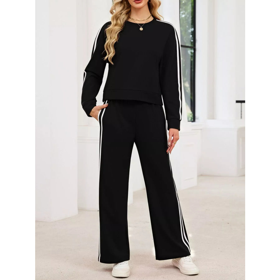 Striped Round Neck Sweatshirt and Pants Set Apparel and Accessories