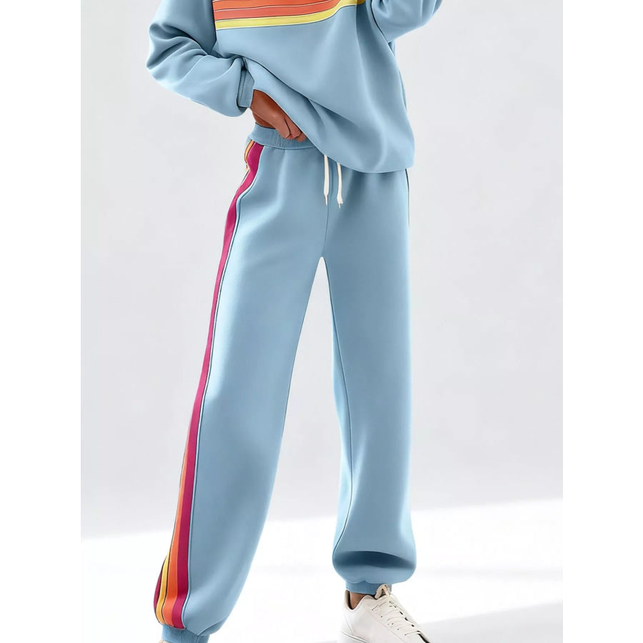 Striped Round Neck Sweatshirt and Pants Set Apparel and Accessories