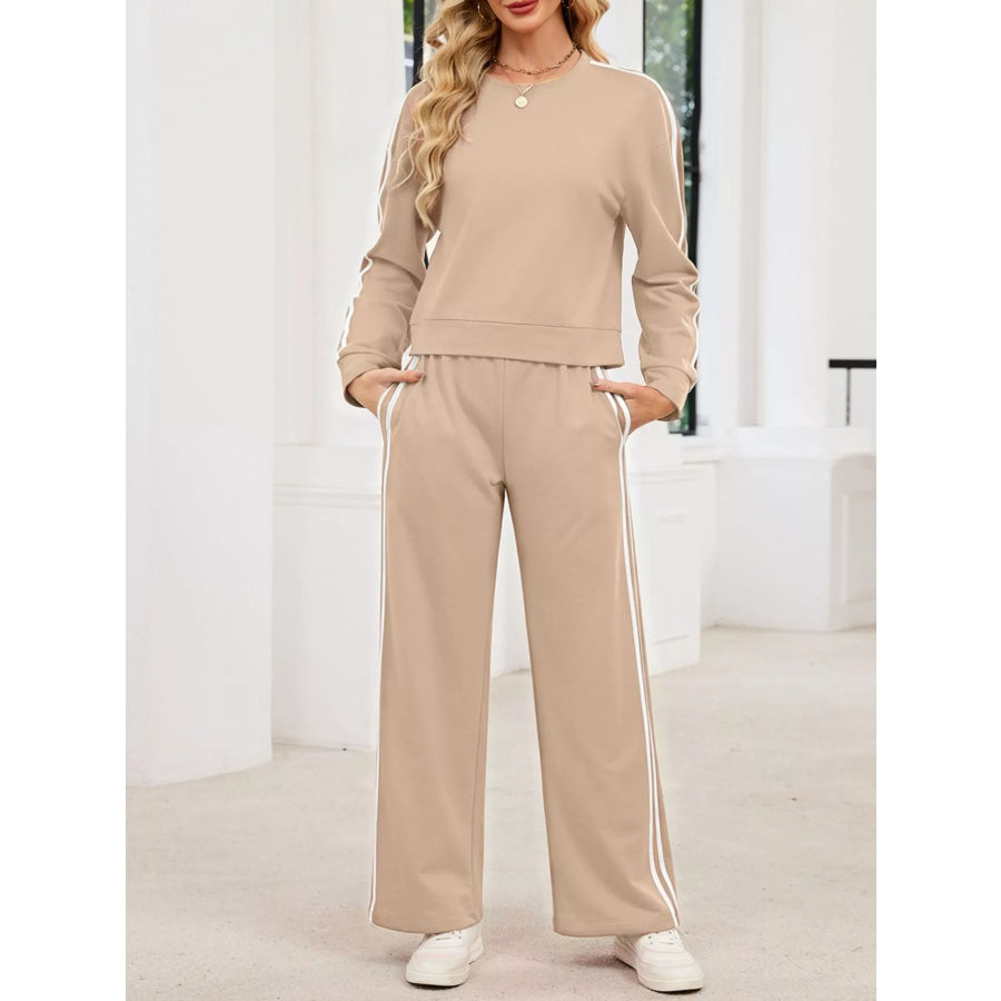 Striped Round Neck Sweatshirt and Pants Set Apparel and Accessories