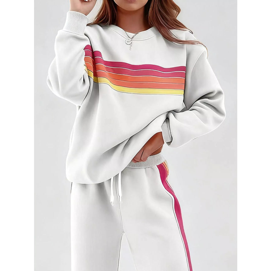 Striped Round Neck Sweatshirt and Pants Set Apparel and Accessories