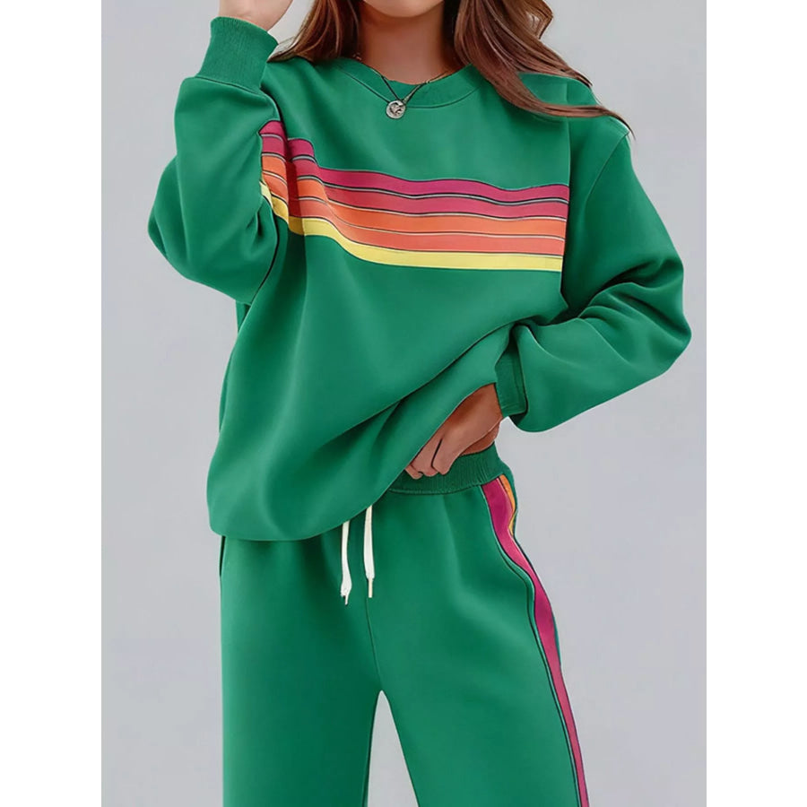 Striped Round Neck Sweatshirt and Pants Set Apparel and Accessories