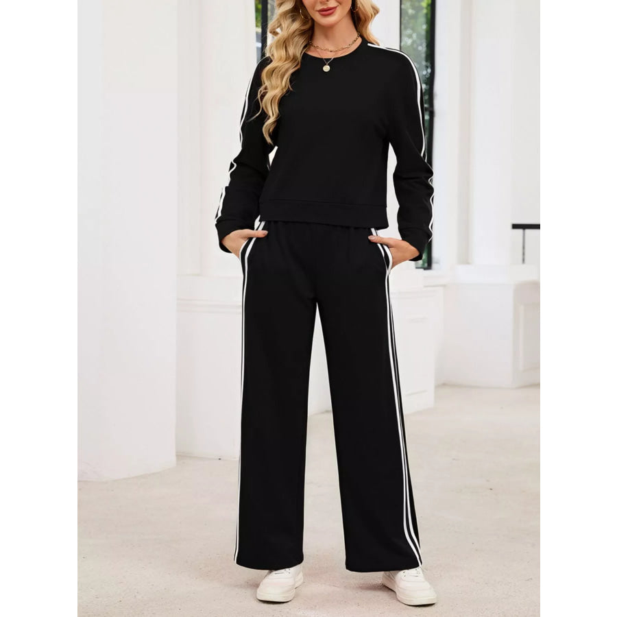 Striped Round Neck Sweatshirt and Pants Set Black / S Apparel and Accessories