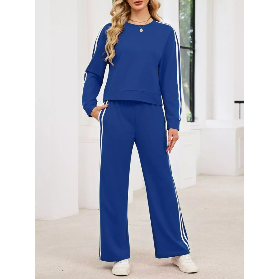 Striped Round Neck Sweatshirt and Pants Set Blue / S Apparel and Accessories