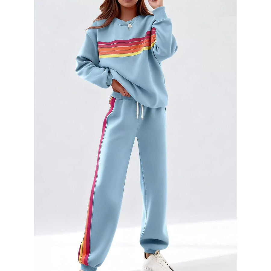 Striped Round Neck Sweatshirt and Pants Set Blue / S Apparel and Accessories