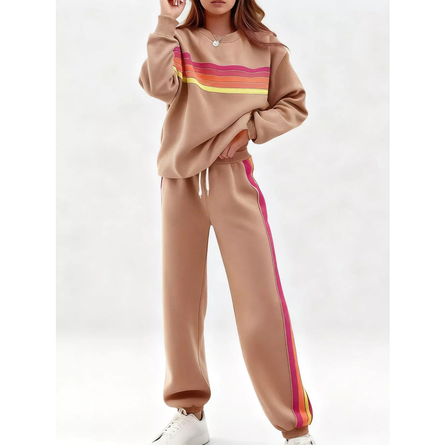 Striped Round Neck Sweatshirt and Pants Set Brown / S Apparel and Accessories