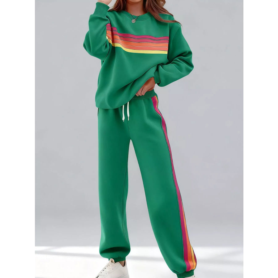 Striped Round Neck Sweatshirt and Pants Set Green / S Apparel and Accessories