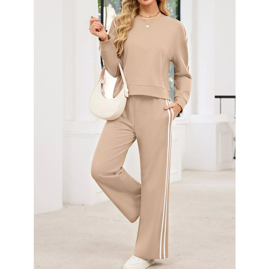 Striped Round Neck Sweatshirt and Pants Set Khaki / S Apparel and Accessories