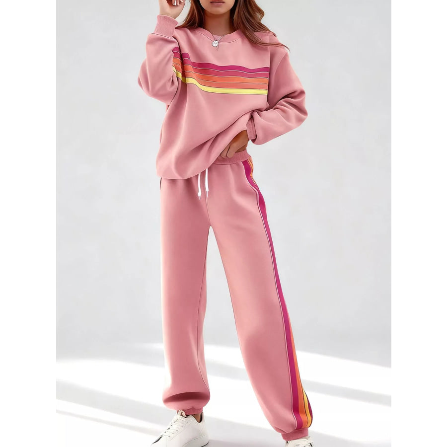 Striped Round Neck Sweatshirt and Pants Set Pink / S Apparel and Accessories