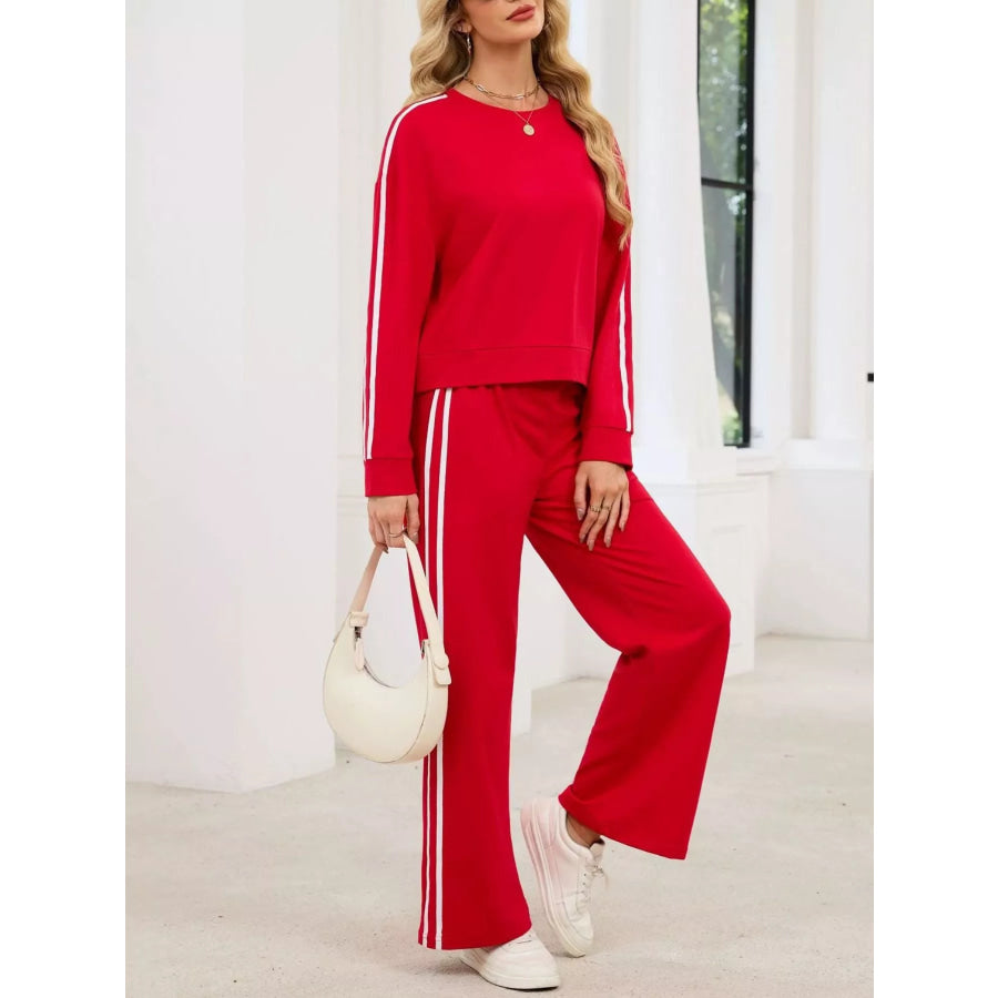 Striped Round Neck Sweatshirt and Pants Set Red / S Apparel and Accessories