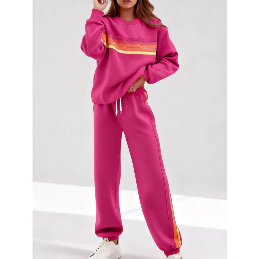 Striped Round Neck Sweatshirt and Pants Set Rose Pink / S Apparel and Accessories