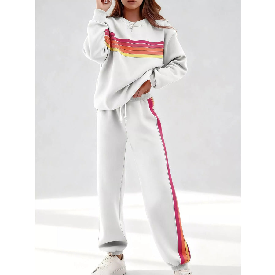 Striped Round Neck Sweatshirt and Pants Set White / S Apparel and Accessories