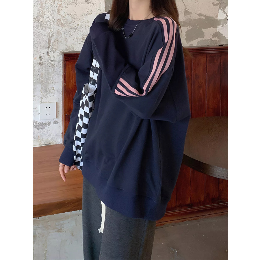 Striped Round Neck Sweatshirt Navy / M Apparel and Accessories