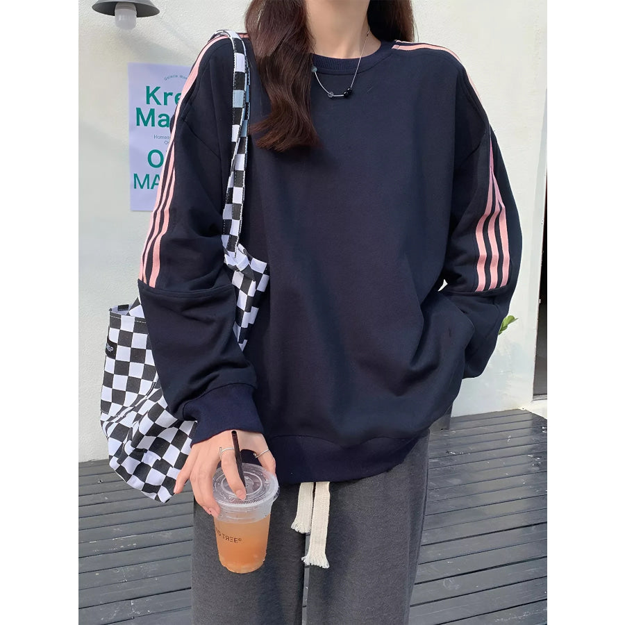 Striped Round Neck Sweatshirt Navy / M Apparel and Accessories