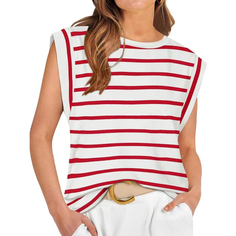 Striped Round Neck Tank Scarlet / S Apparel and Accessories