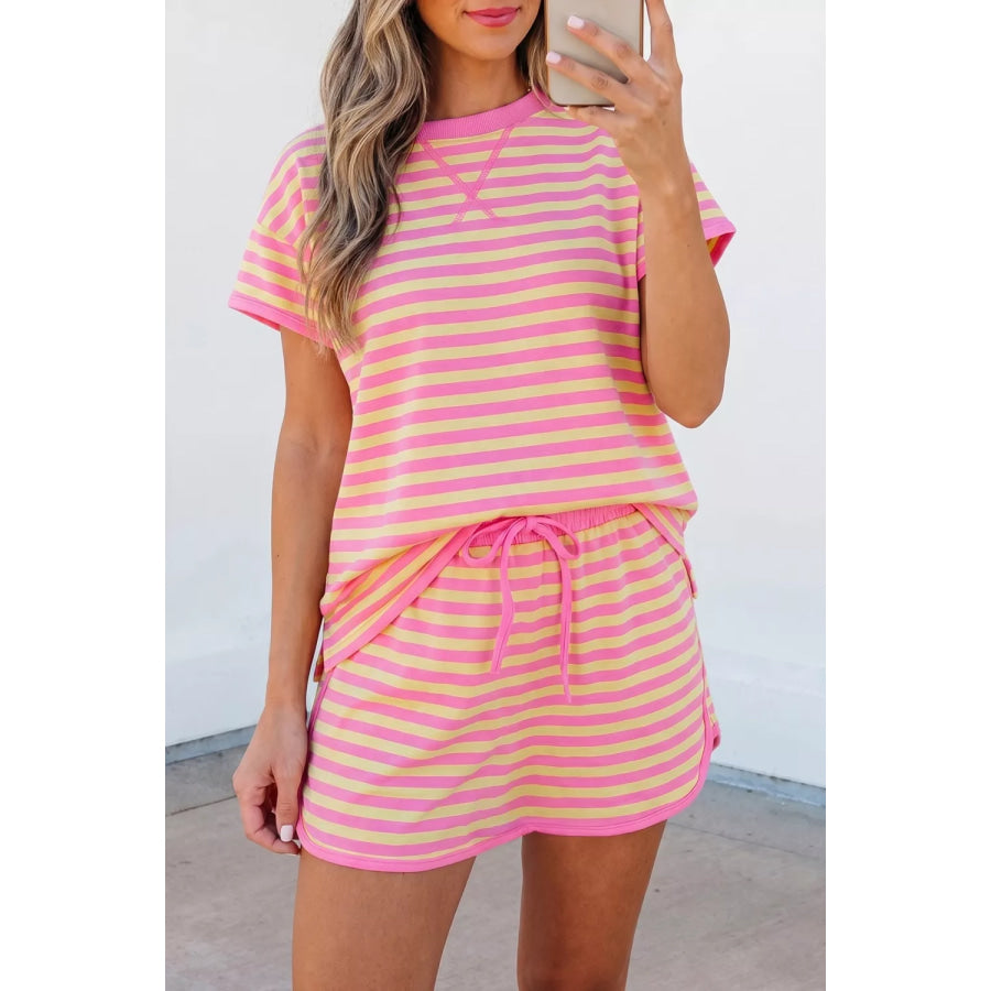 Striped Round Neck Tee and Shorts Casual Set Apparel and Accessories