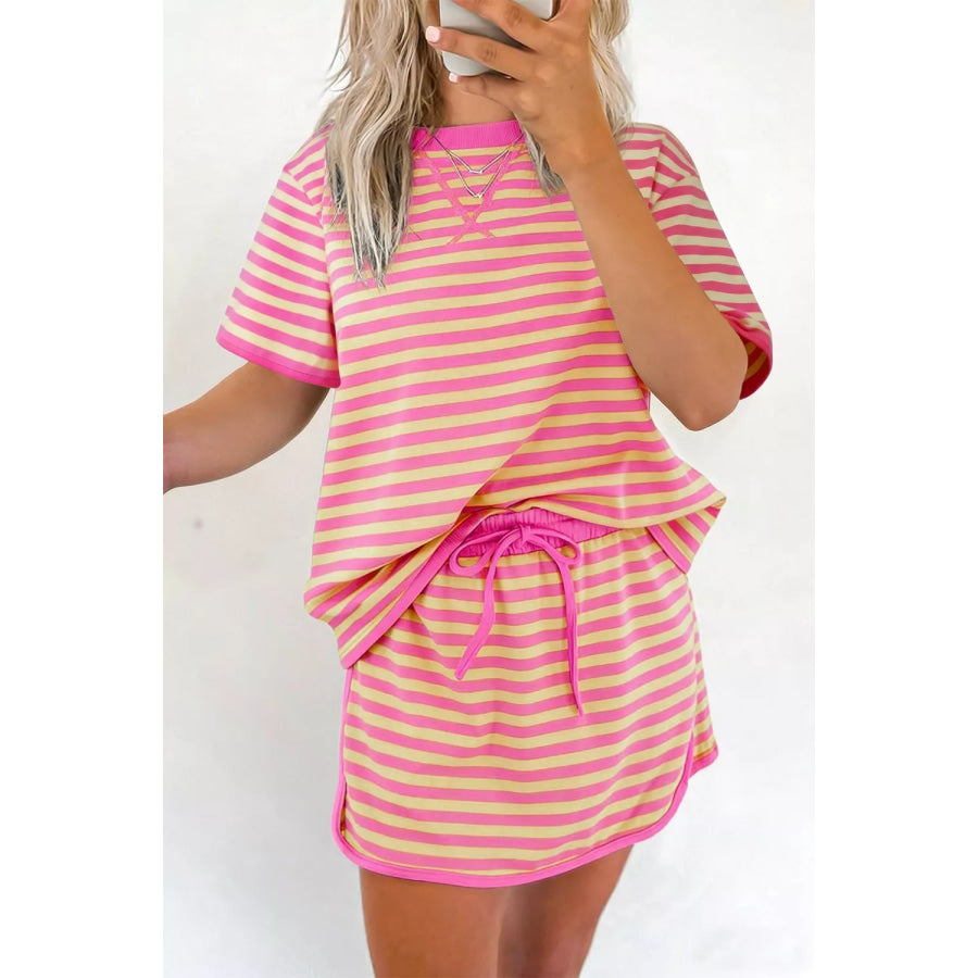 Striped Round Neck Tee and Shorts Casual Set Blush Pink / S Apparel and Accessories