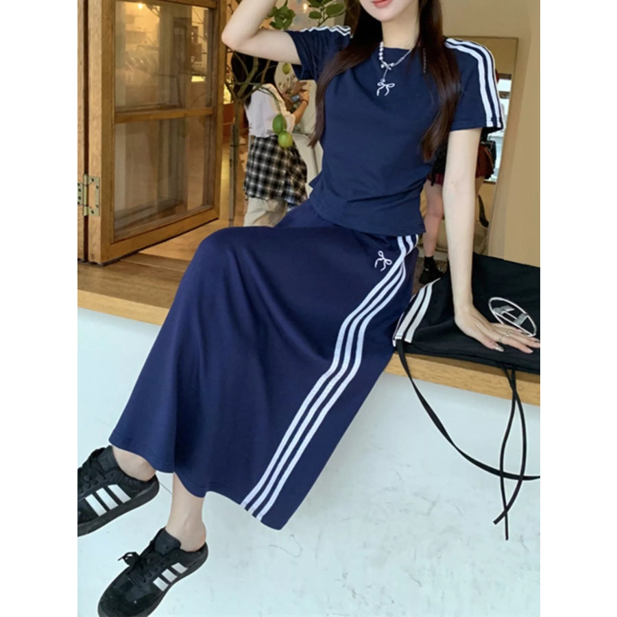 Striped Round Neck Tee and Skirt Set Dark Blue / M Apparel and Accessories