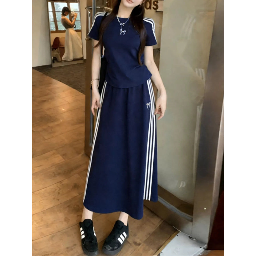 Striped Round Neck Tee and Skirt Set Dark Blue / M Apparel and Accessories