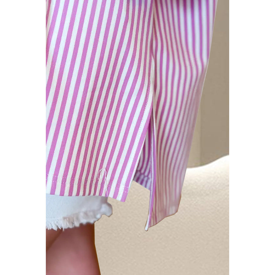 Striped Round Neck Three-Quarter Sleeve T-Shirt Pink / S Apparel and Accessories