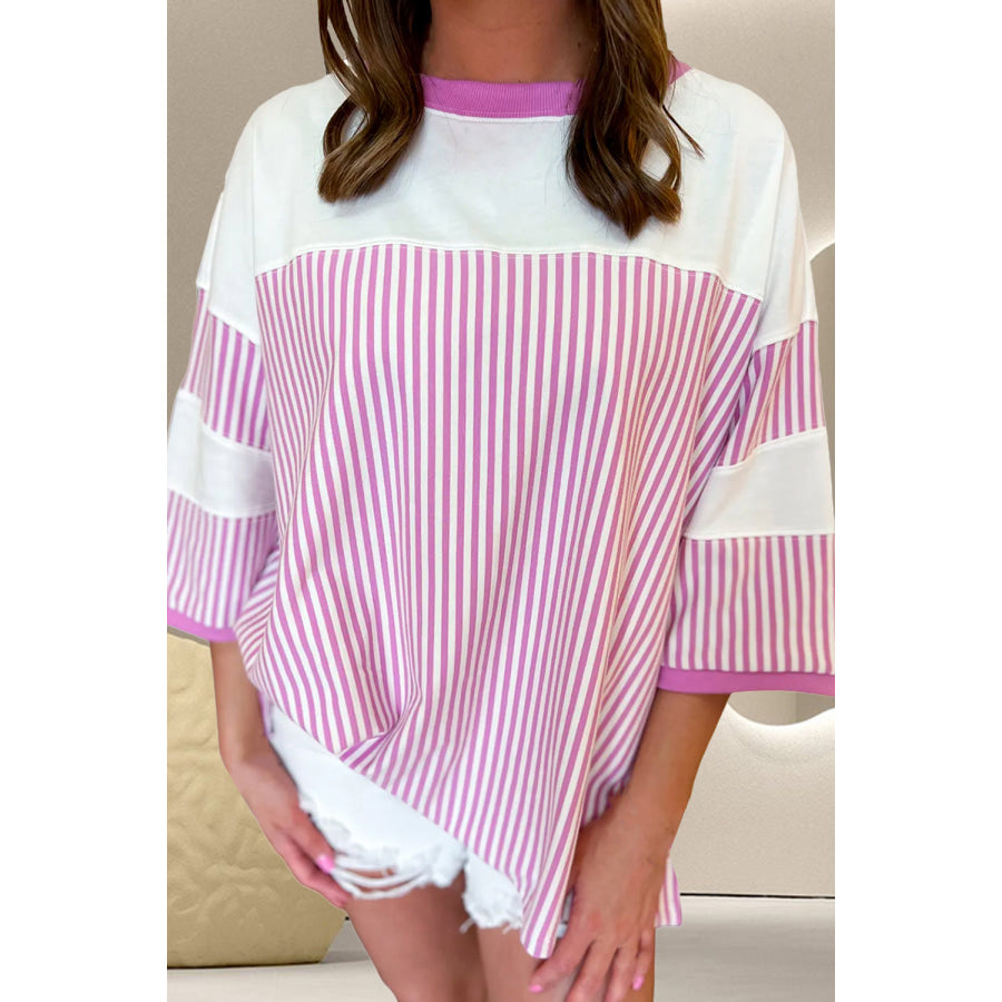 Striped Round Neck Three-Quarter Sleeve T-Shirt Pink / S Apparel and Accessories