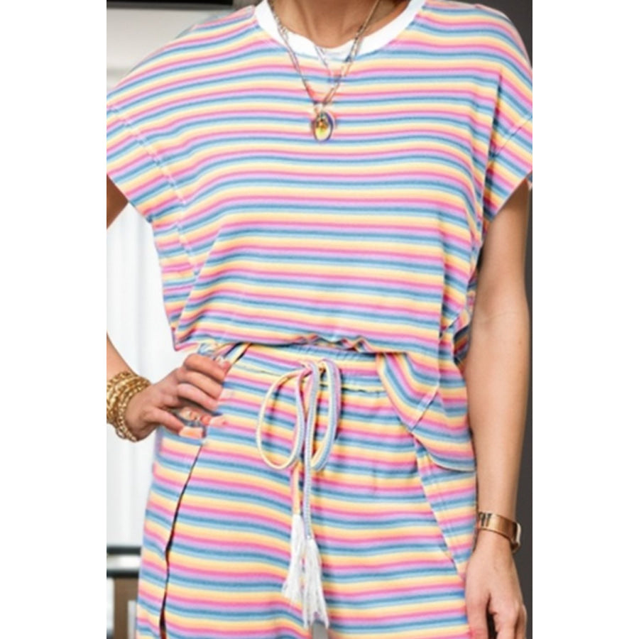 Striped Round Neck Top and Drawstring Pants Set Apparel and Accessories