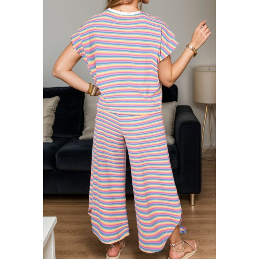 Striped Round Neck Top and Drawstring Pants Set Apparel and Accessories