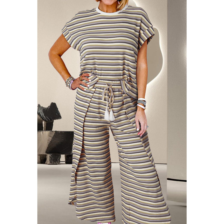 Striped Round Neck Top and Drawstring Pants Set Black / M Apparel and Accessories