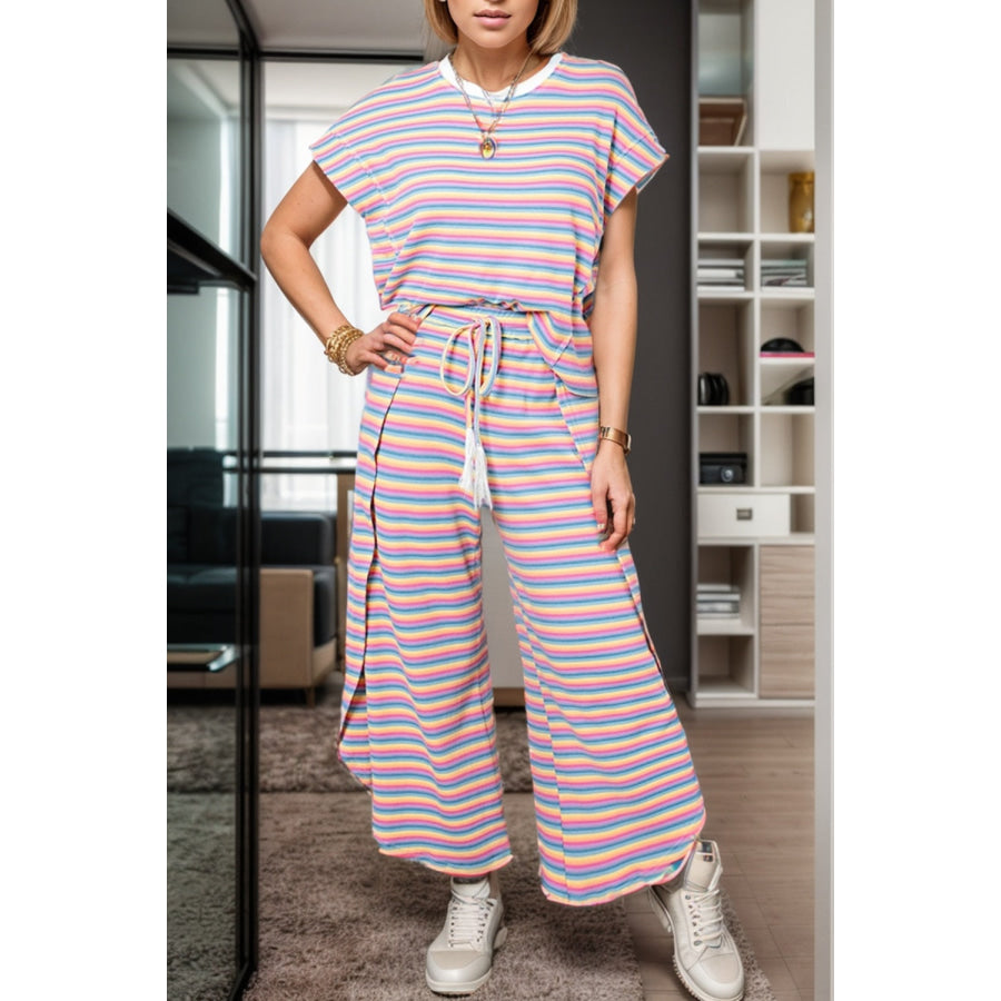 Striped Round Neck Top and Drawstring Pants Set Multicolor / S Apparel and Accessories