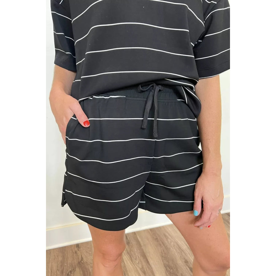 Striped Round Neck Top and Drawstring Shorts Set Apparel and Accessories