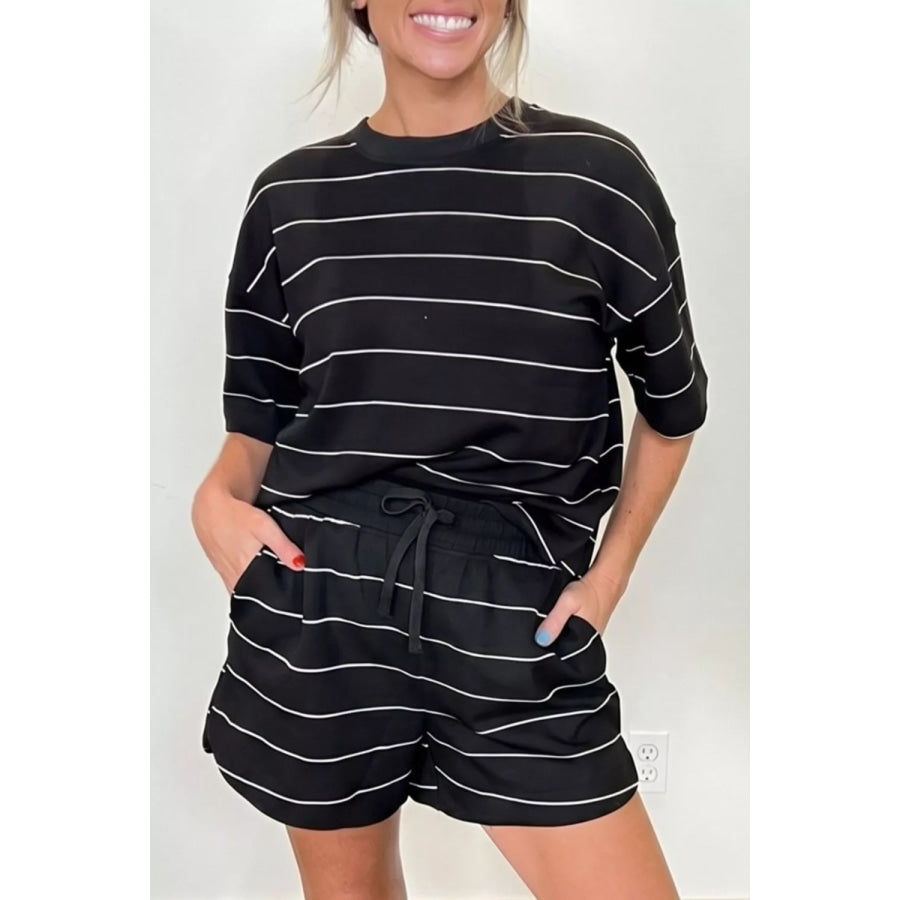 Striped Round Neck Top and Drawstring Shorts Set Black / S Apparel and Accessories