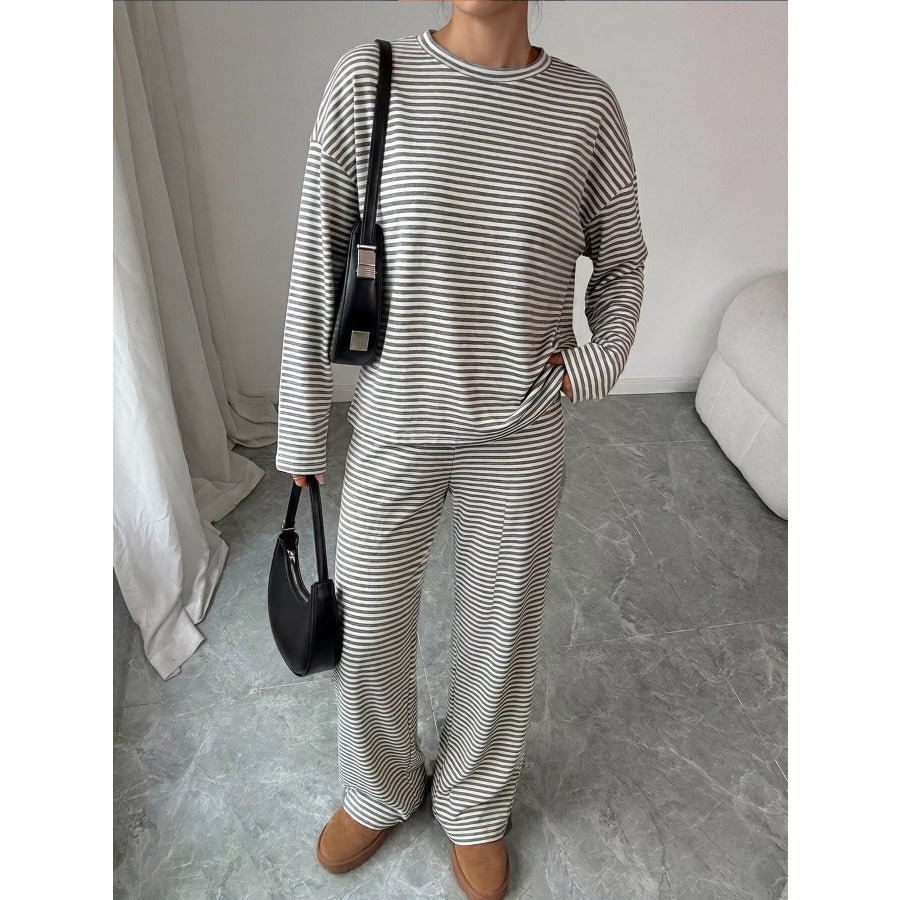 Striped Round Neck Top and Pants Set Apparel and Accessories