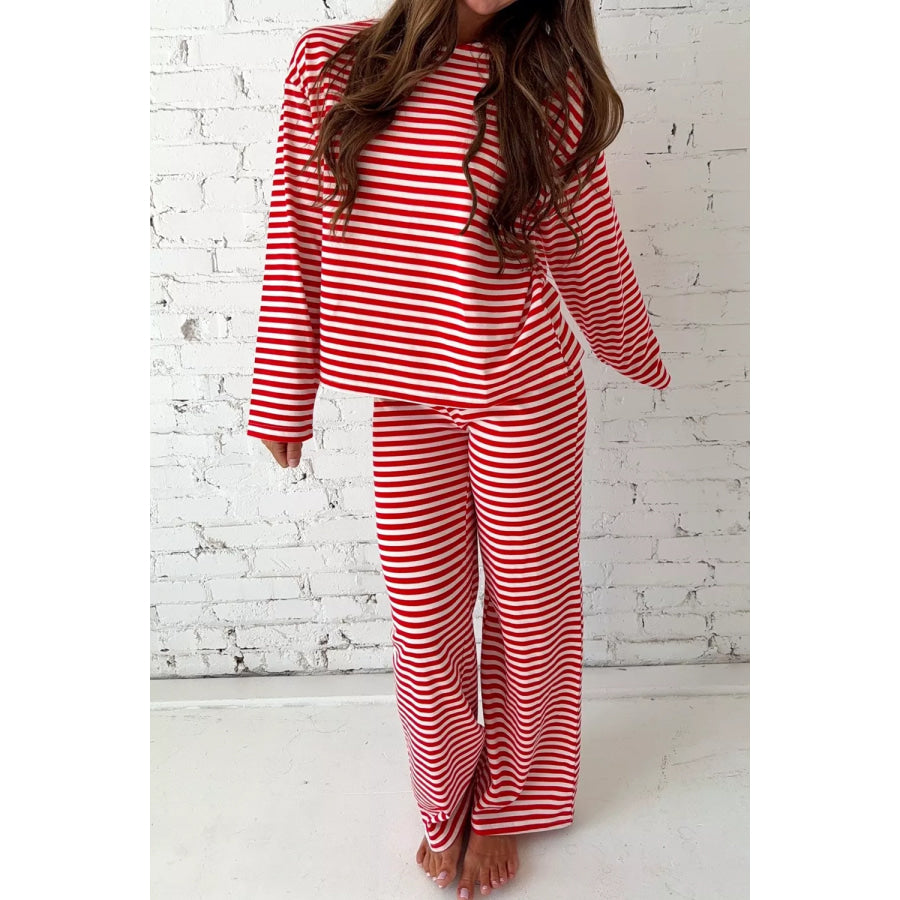 Striped Round Neck Top and Pants Set Apparel and Accessories