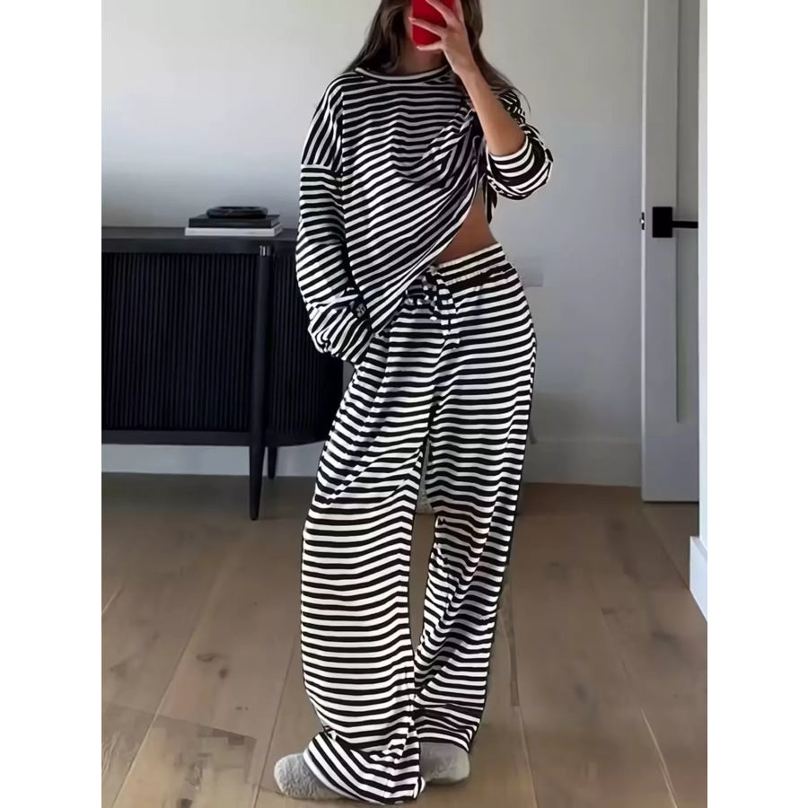 Striped Round Neck Top and Pants Set Apparel and Accessories