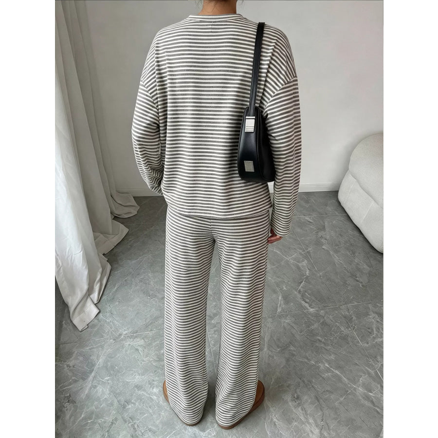 Striped Round Neck Top and Pants Set Apparel and Accessories