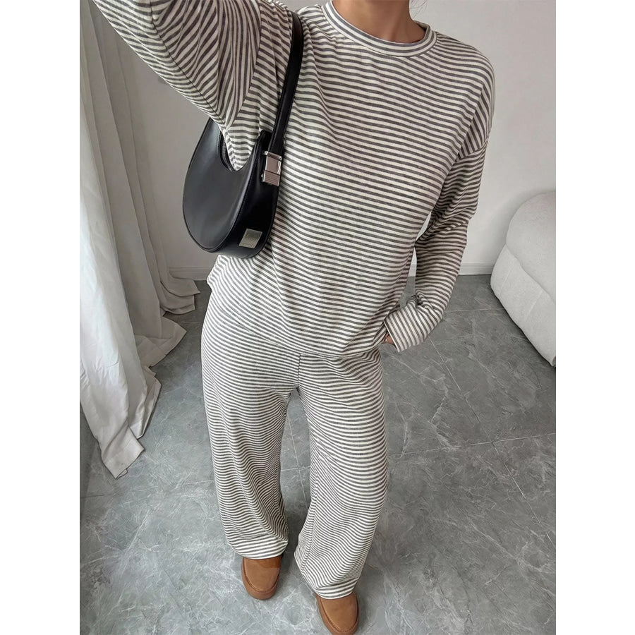 Striped Round Neck Top and Pants Set Apparel and Accessories