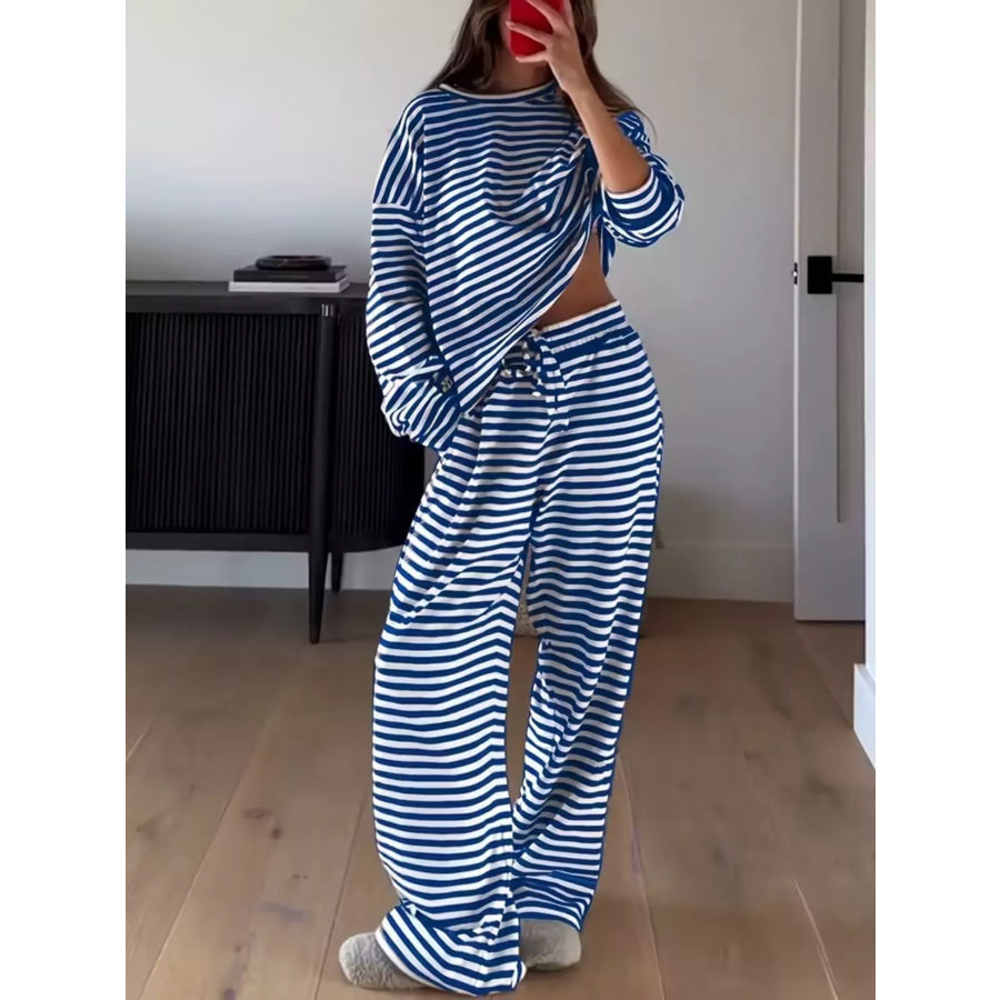 Striped Round Neck Top and Pants Set Apparel and Accessories