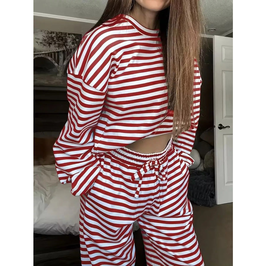 Striped Round Neck Top and Pants Set Apparel and Accessories